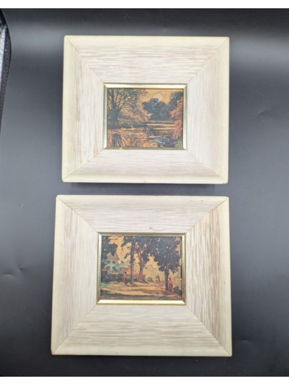 Set of 2 Vintage Miniature Landscape Art Prints Wide Bleached Wood Frames 8x9